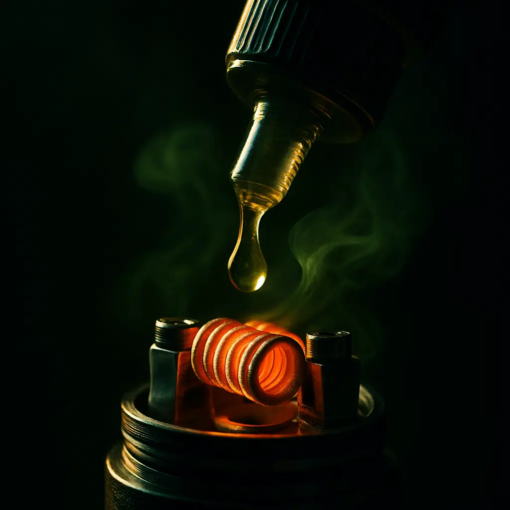 Mighty Sour E-Liquids Freebase: Bold Tang &Amp; Sharp Throat Hit For Sub-Ohm Vapers 2 Mighty sour e-liquids freebase inline image of e-liquid dripping on sub-ohm coil with vapor wisps