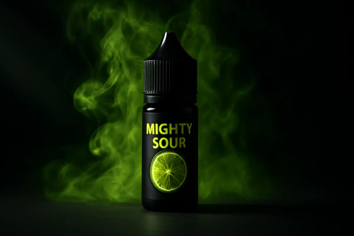 Mighty Sour E-Liquids Freebase hero image showing bottle with swirling sour vapor wisps and dramatic lighting for sub-ohm vapers