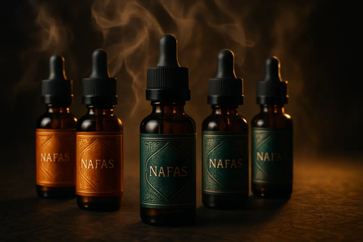 Nafas E-Liquids hero image: Authentic Middle Eastern vape flavors in dramatic vapor-filled studio lighting for Bahrain vapers