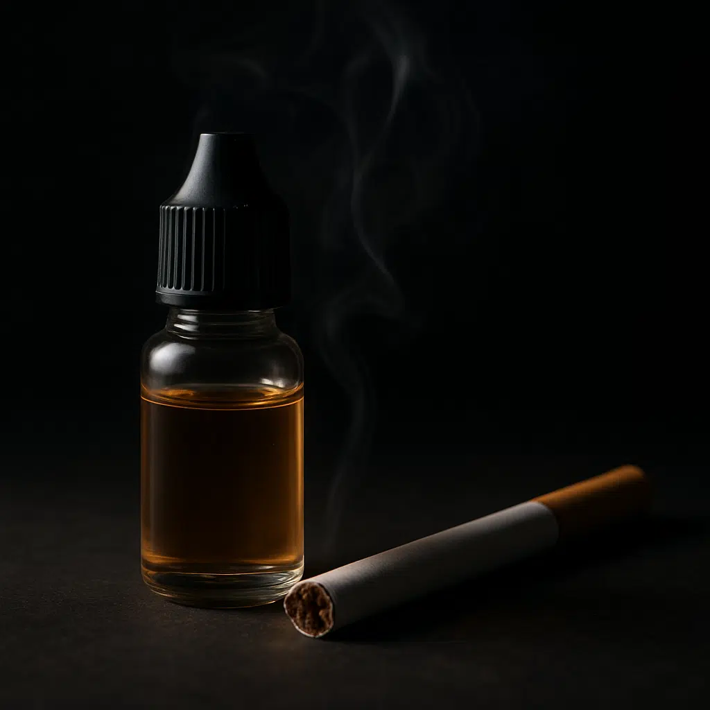 Nic Vape Reviews &Amp; Tobacco Alternatives In Bahrain 3 Freebase nicotine e-liquid next to cigarette, comparing traditional tobacco to vaping options in bahrain