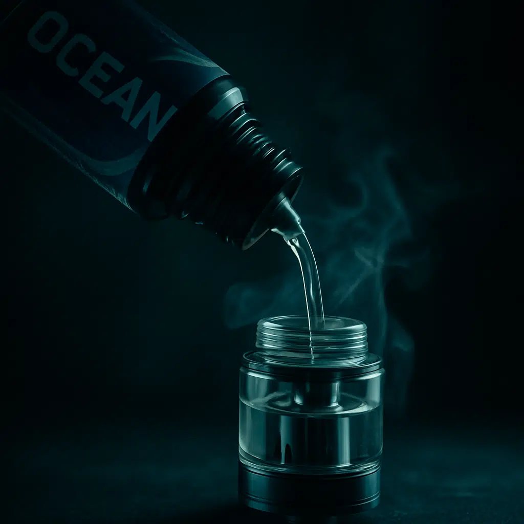 Ocean E-Liquids Freebase: The Ultimate Guide To Cloud Chasing In Bahrain 3 Inline image showing ocean e-liquids freebase e-liquid pour with emerging vapor wisps