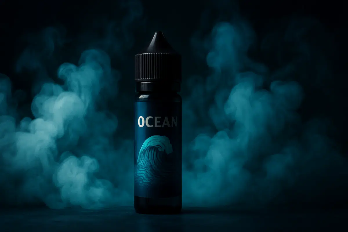 Ocean E-Liquids Freebase hero image with massive cloud-chasing vapor clouds in dramatic moody lighting