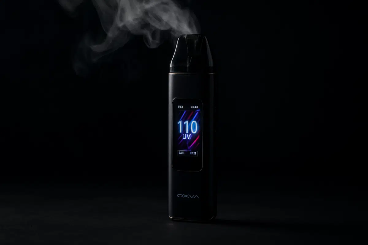 OXVA XLIM 3 Ultra touchscreen pod system with glowing HD display and vapor wisps