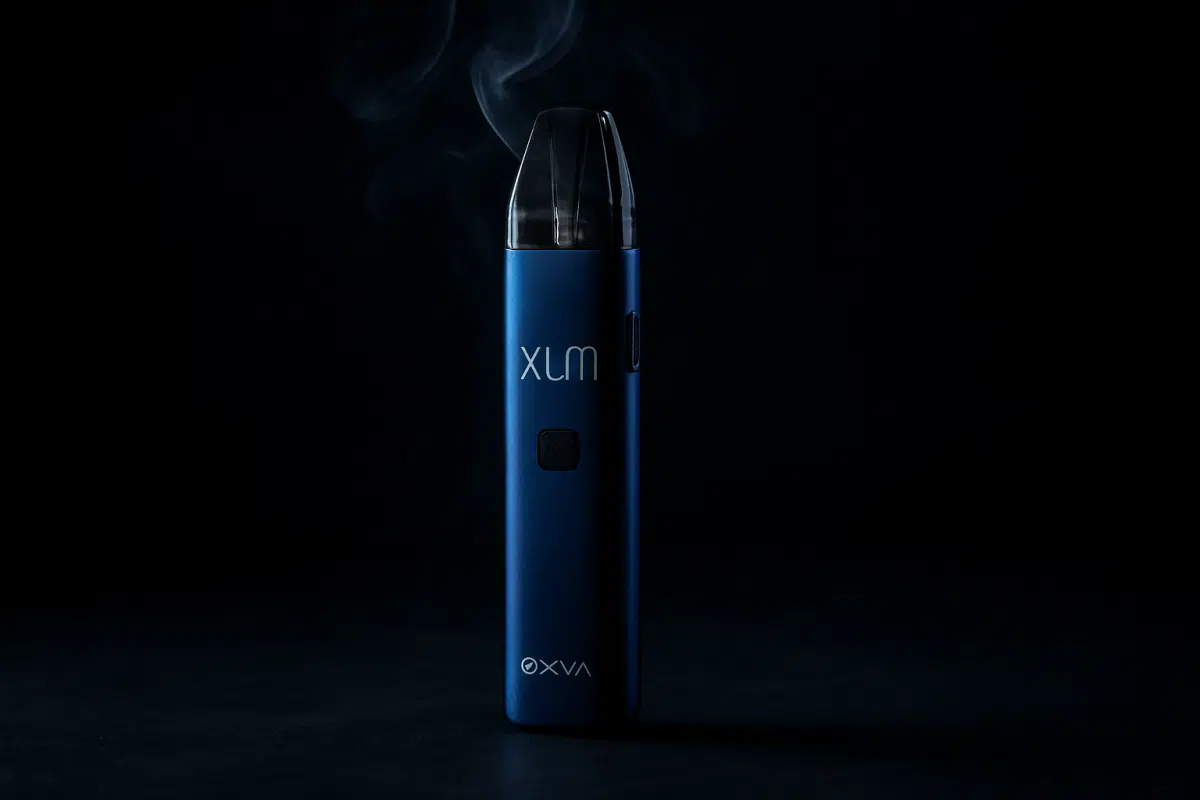 OXVA Xlim Go 2 pod kit hero image showing refillable pod system with vapor wisps and dramatic lighting for Bahrain vapers.