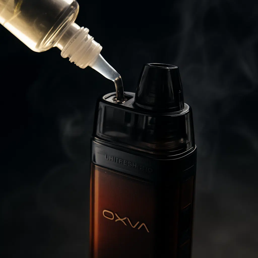 Oxva xlim go 2 top-fill pod close-up during refill with vapor details