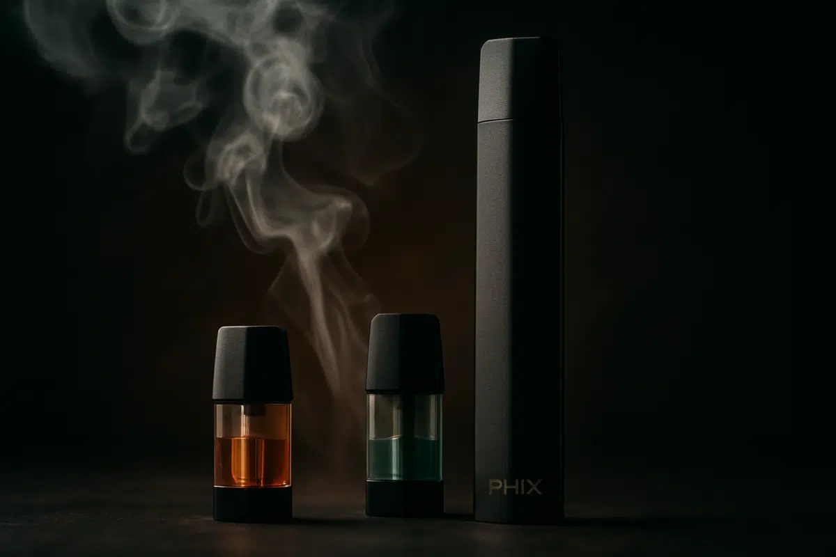 PHIX Pods hero image showcasing ceramic coil pod system with vapor wisps for Bahrain vaping guide