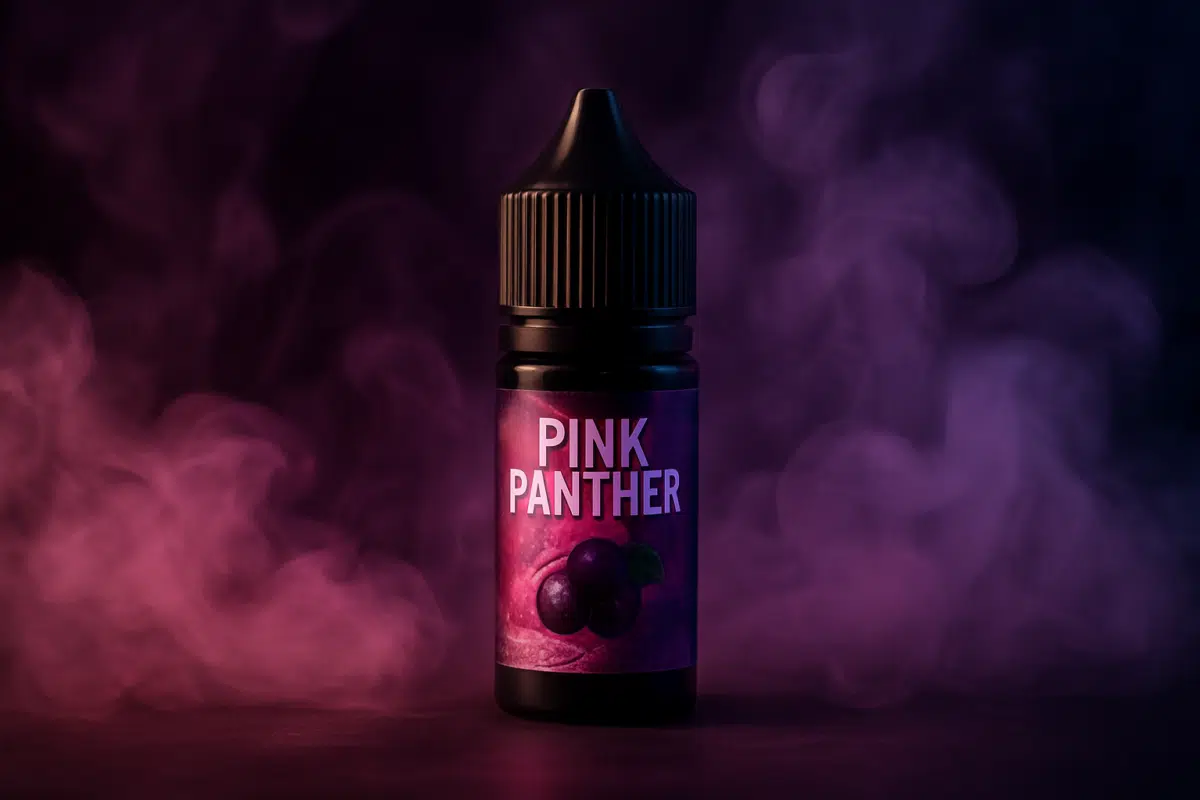 Pink Panther Saltnic e-liquid bottle with swirling vapor wisps capturing blackcurrant cotton candy flavor in dramatic lighting.