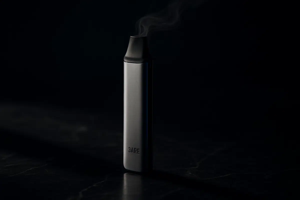 Dare Slim Pod hero image showing slim vape pod with vapor wisps in dramatic lighting for MTL vapers and commuters
