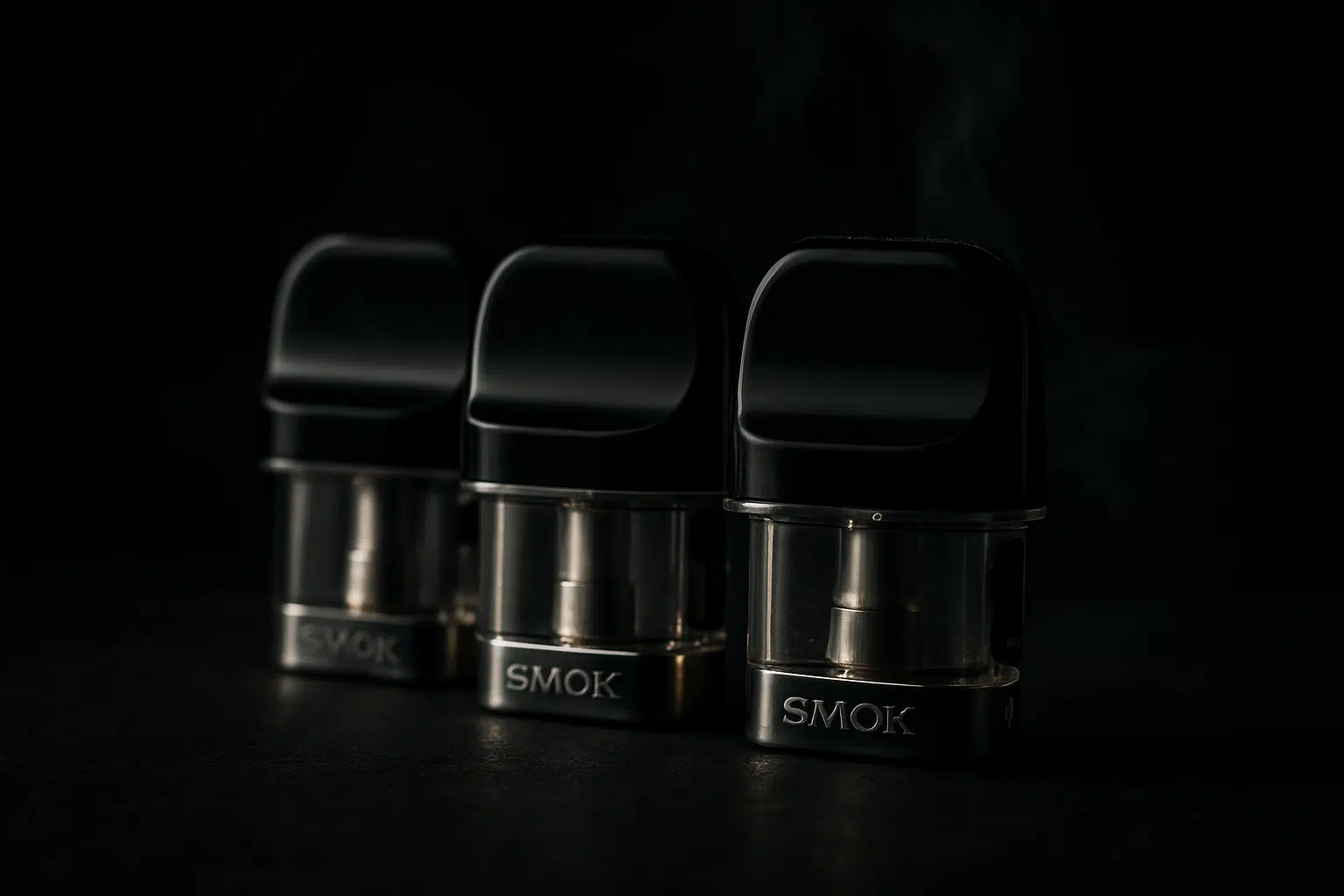 Smok novo replacement pods 3-pack displayed dramatically with vapor wisps, compatibility guide hero image