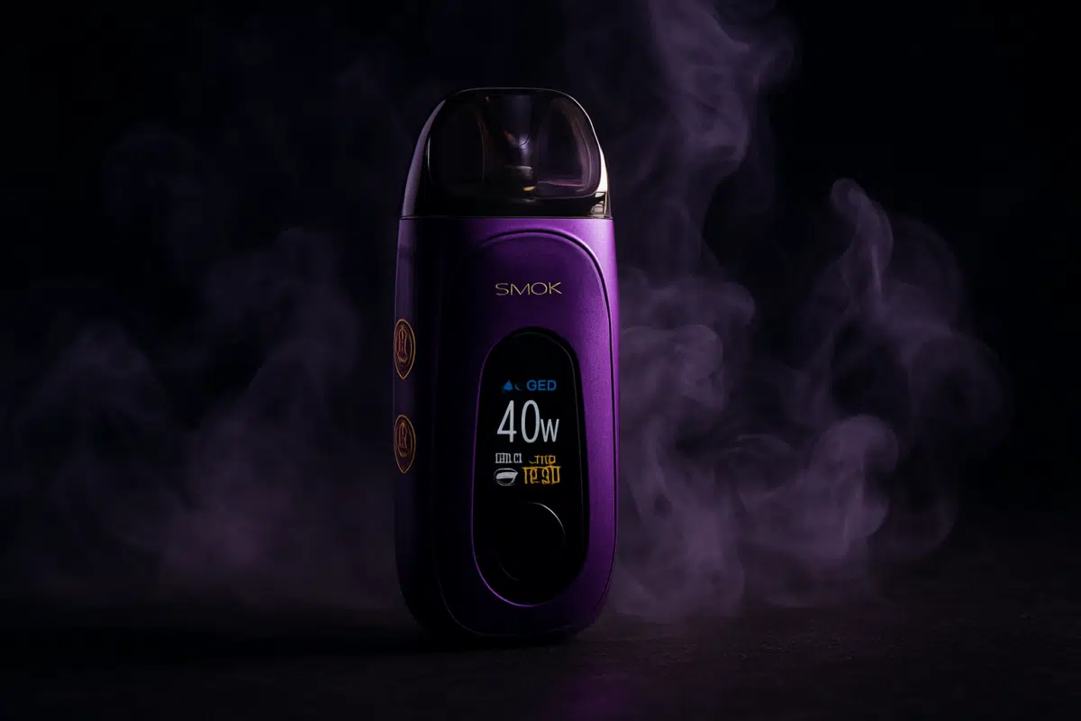 SMOK POZZ X 10-Year Anniversary Pod Kit with swirling vapor clouds in dramatic lighting