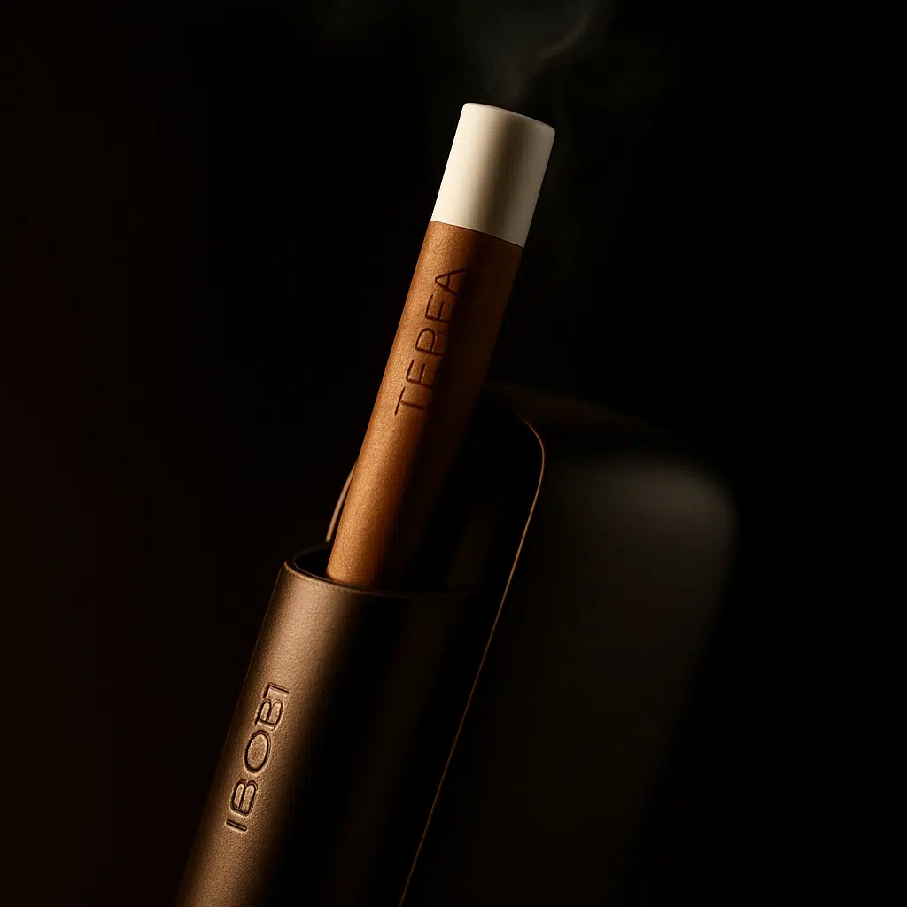 Terea stick inserted into iqos device, showing heated tobacco compatibility