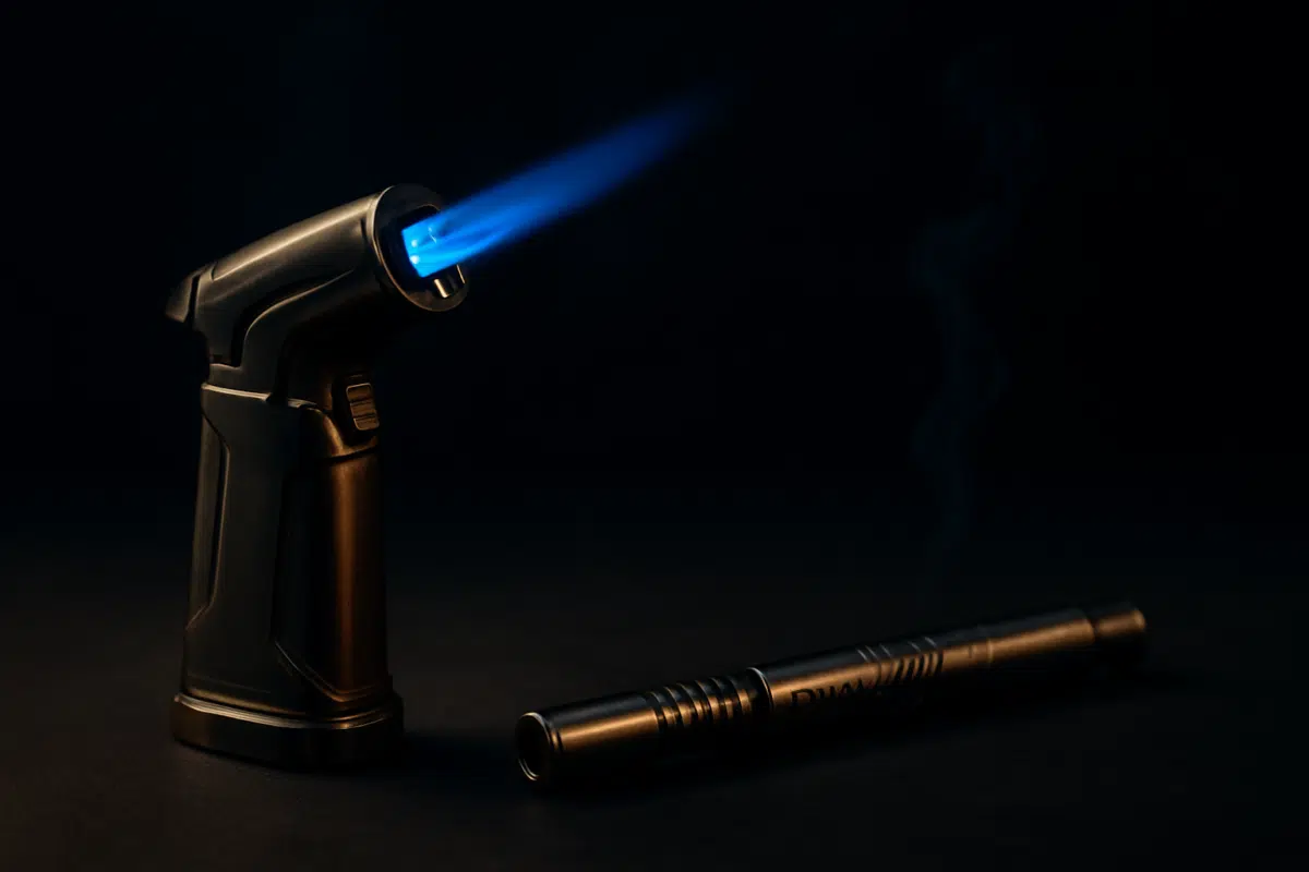 Hero image of best torch lighter for vaping with DynaVap in Bahrain, dramatic flame and vapor