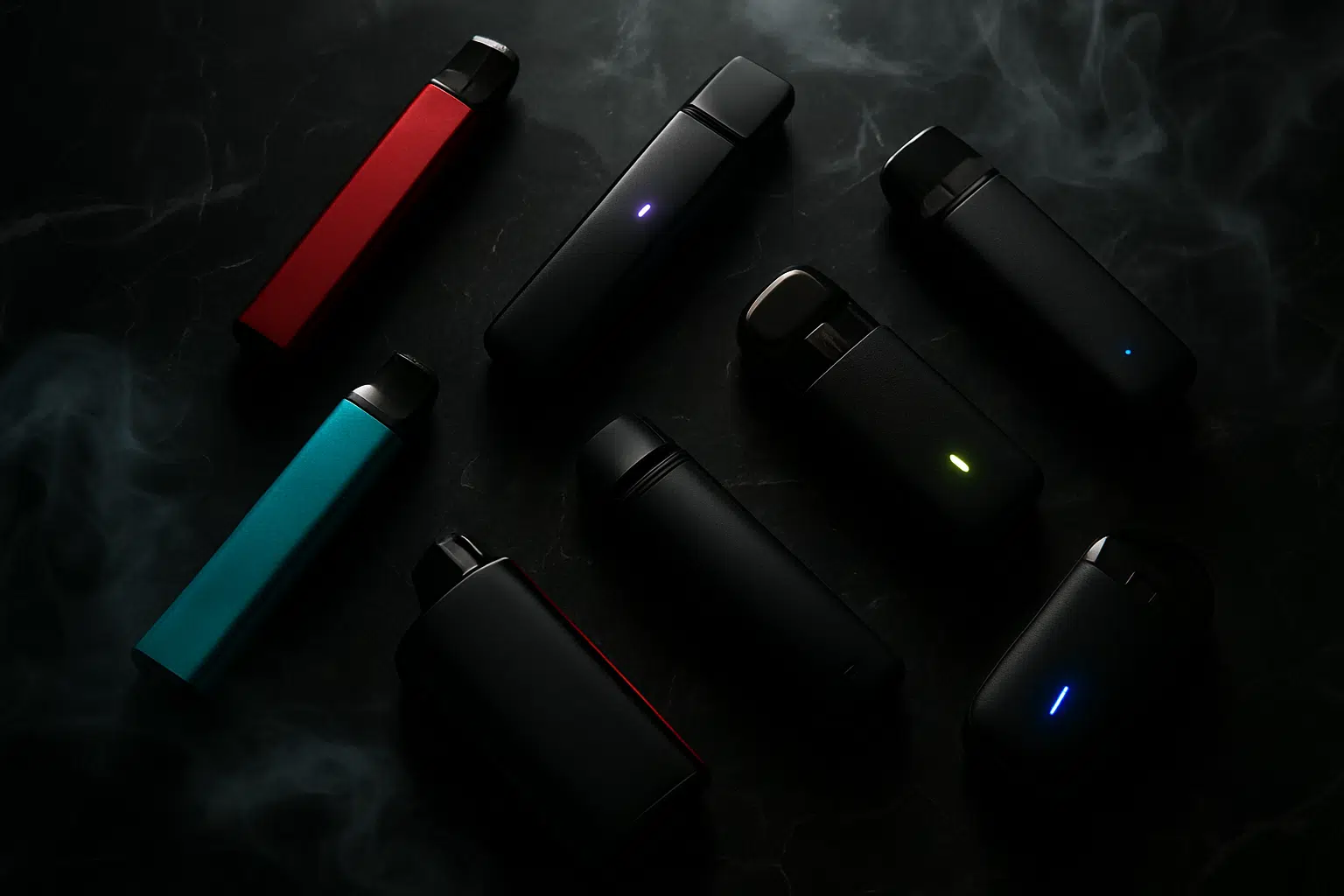 Affordable vape products including disposables and salt nic kits arranged on dark surface with dramatic lighting