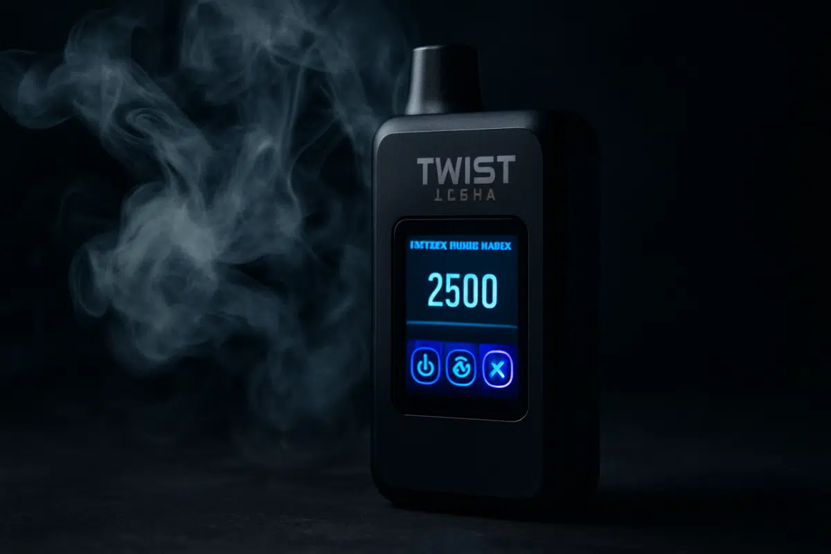 Twist Alpha Disposable Vape hero image showing three-mode power display with vapor wisps and glowing HD screen