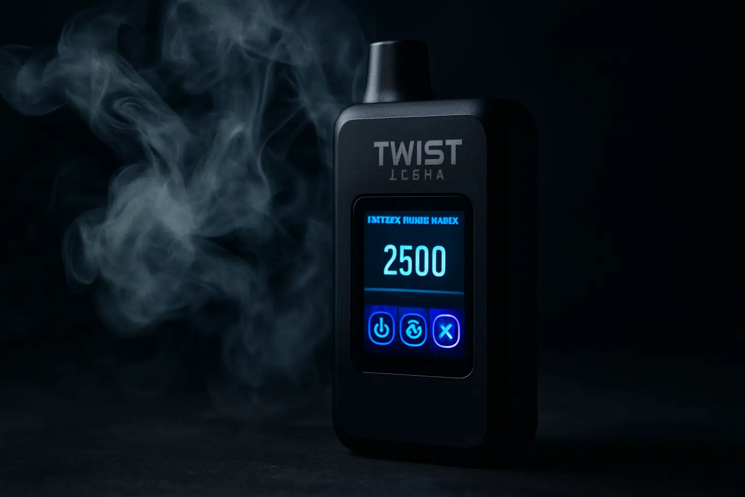 Twist alpha disposable vape hero image showing three-mode power display with vapor wisps and glowing hd screen