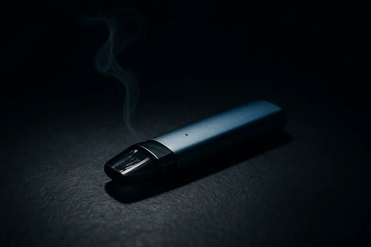 Hero image of beginner pod vape system with vapor wisps representing vaping time rhythm for first-time users in Bahrain.