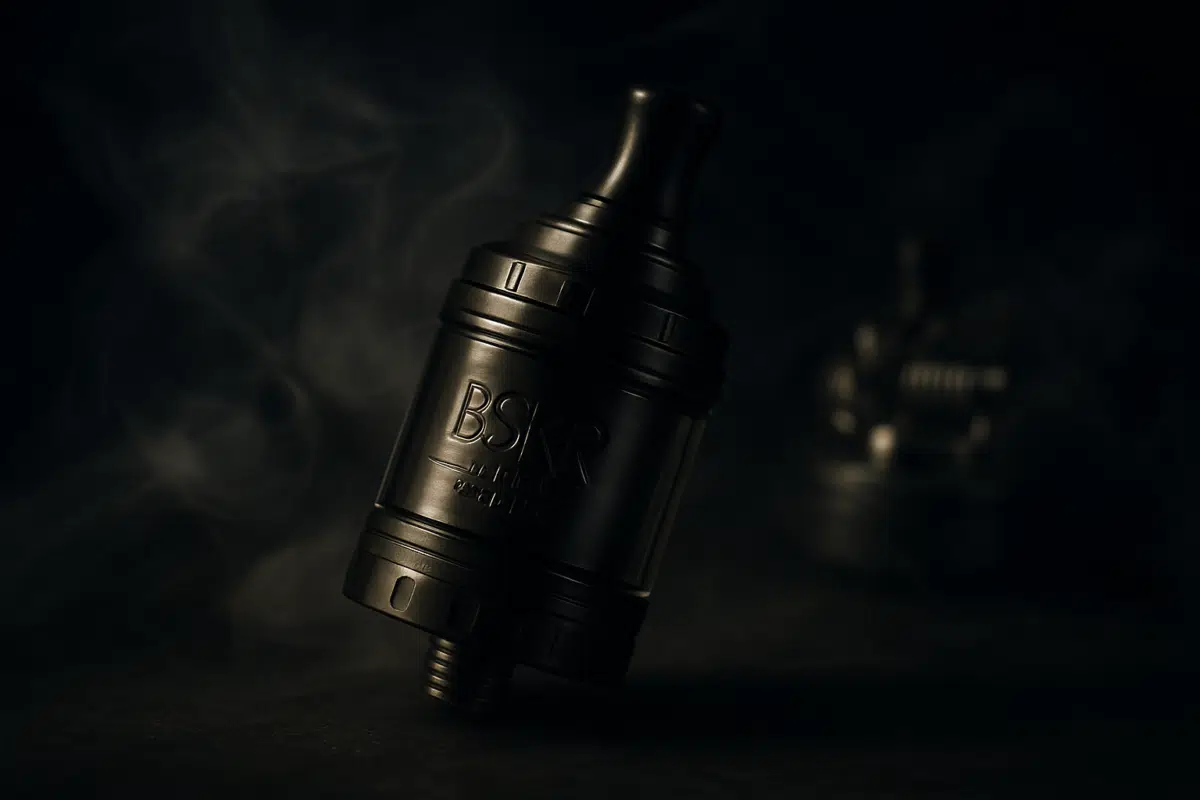 Vandyvape BSKR V1.5 MTL RTA with dramatic lighting and vapor wisps showcasing tight draw atomizer design