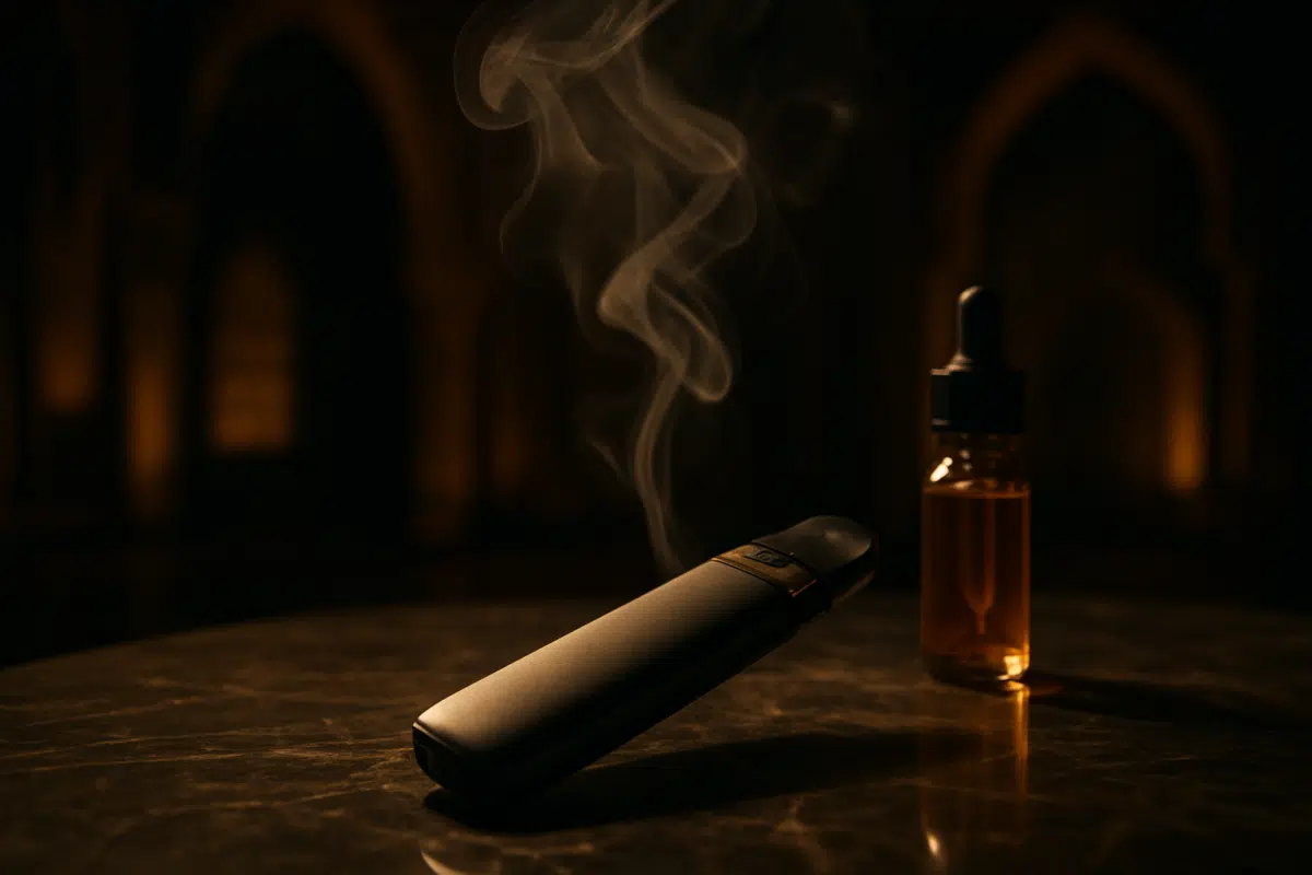 Hero image of vape device with vapor wisps evoking relaxing vape time ritual for vapers in Bahrain