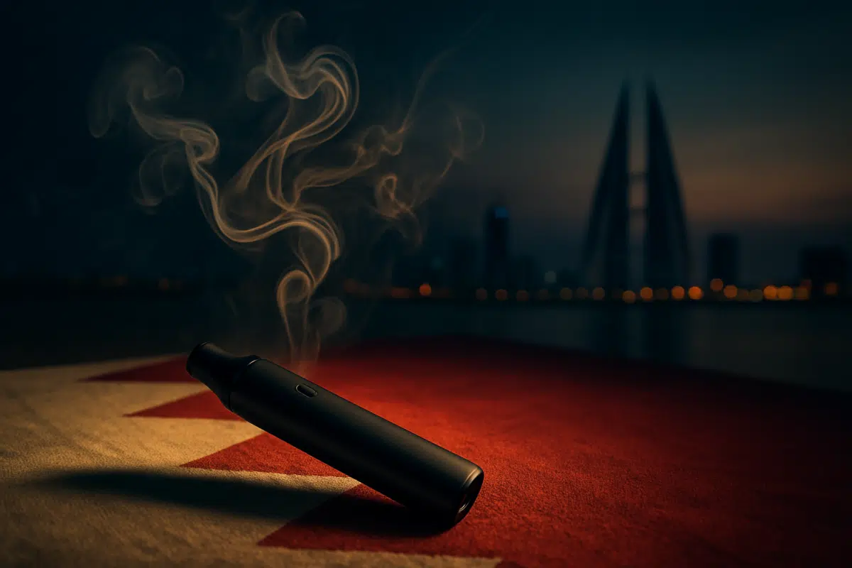 Hero image of vaping culture in Bahrain with vapor wisps over flag and city skyline