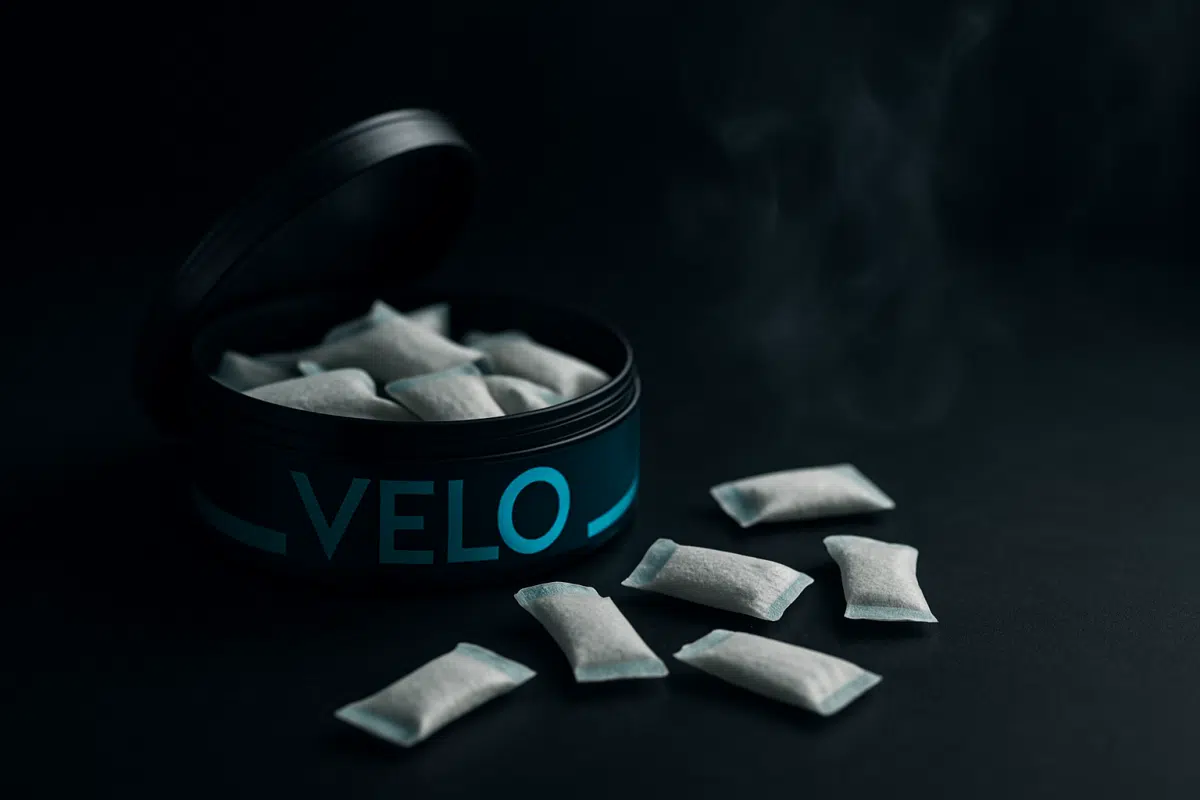 VELO Nicotine Pouches in Bahrain spilling from can, dramatic moody product shot