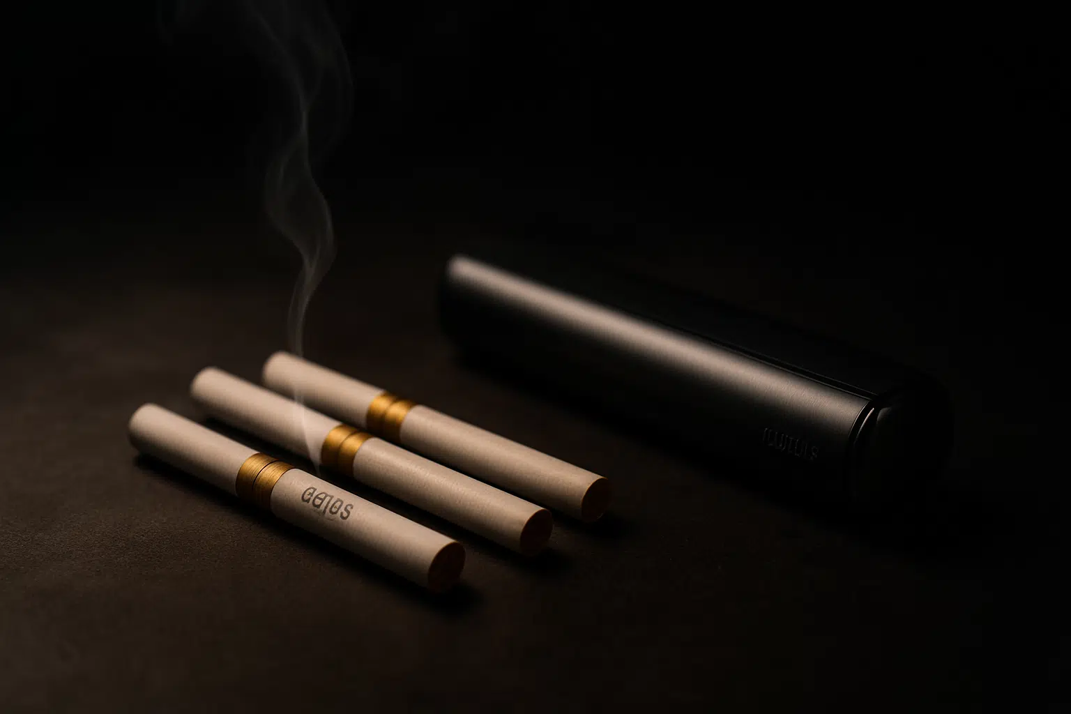 Terea heated tobacco sticks with iqos iluma device, dramatic lighting and vapor wisps