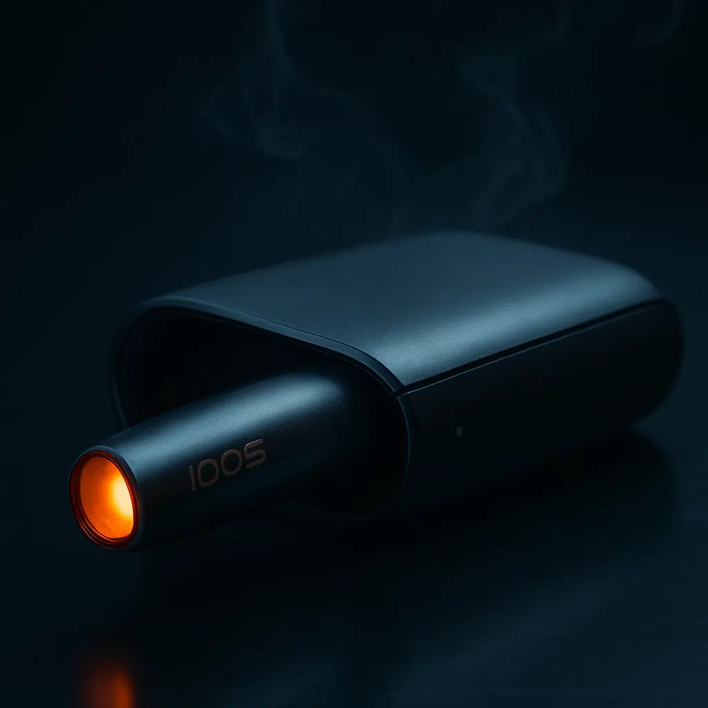Close-up of iqos originals holder and charger showing heat-not-burn design