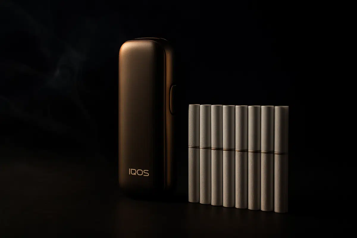 IQOS ORIGINALS device with HEETS heated tobacco sticks on a dark background
