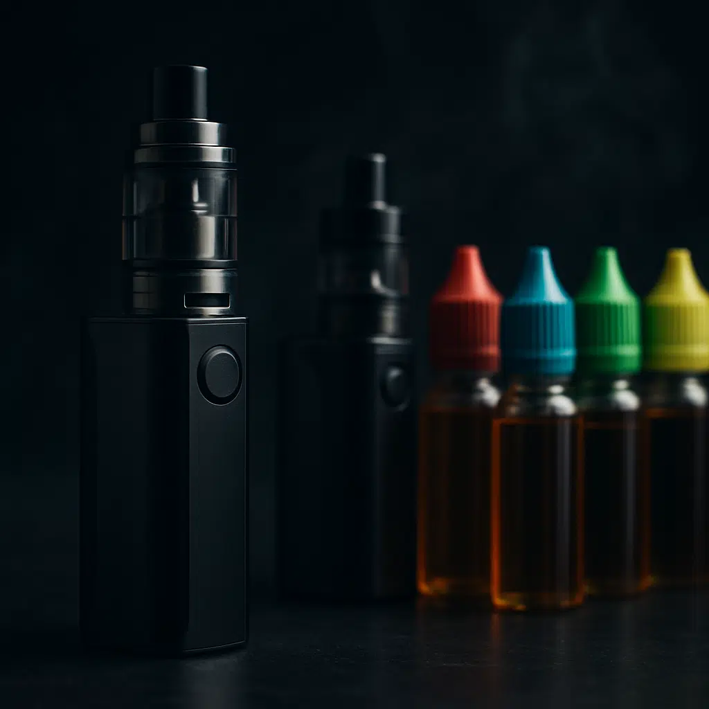 Selection of vape devices and e-liquid bottles symbolizing choosing the right vape and nicotine for vape time