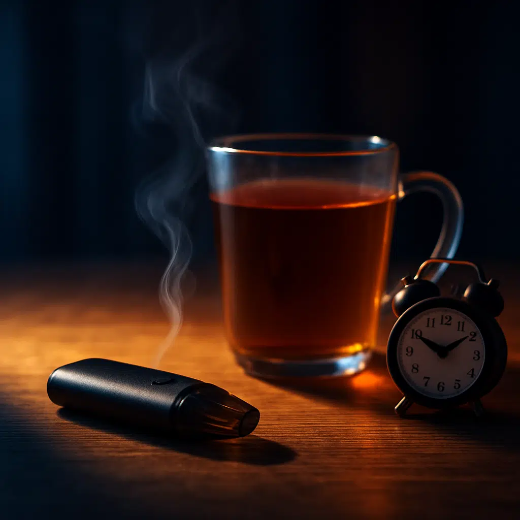 Pod vape with tea and a clock on a table, representing a scheduled and organized vape time ritual in bahrain