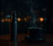 Vape device with Arabic coffee on a wooden table at night, illustrating relaxed vape time in Bahrain