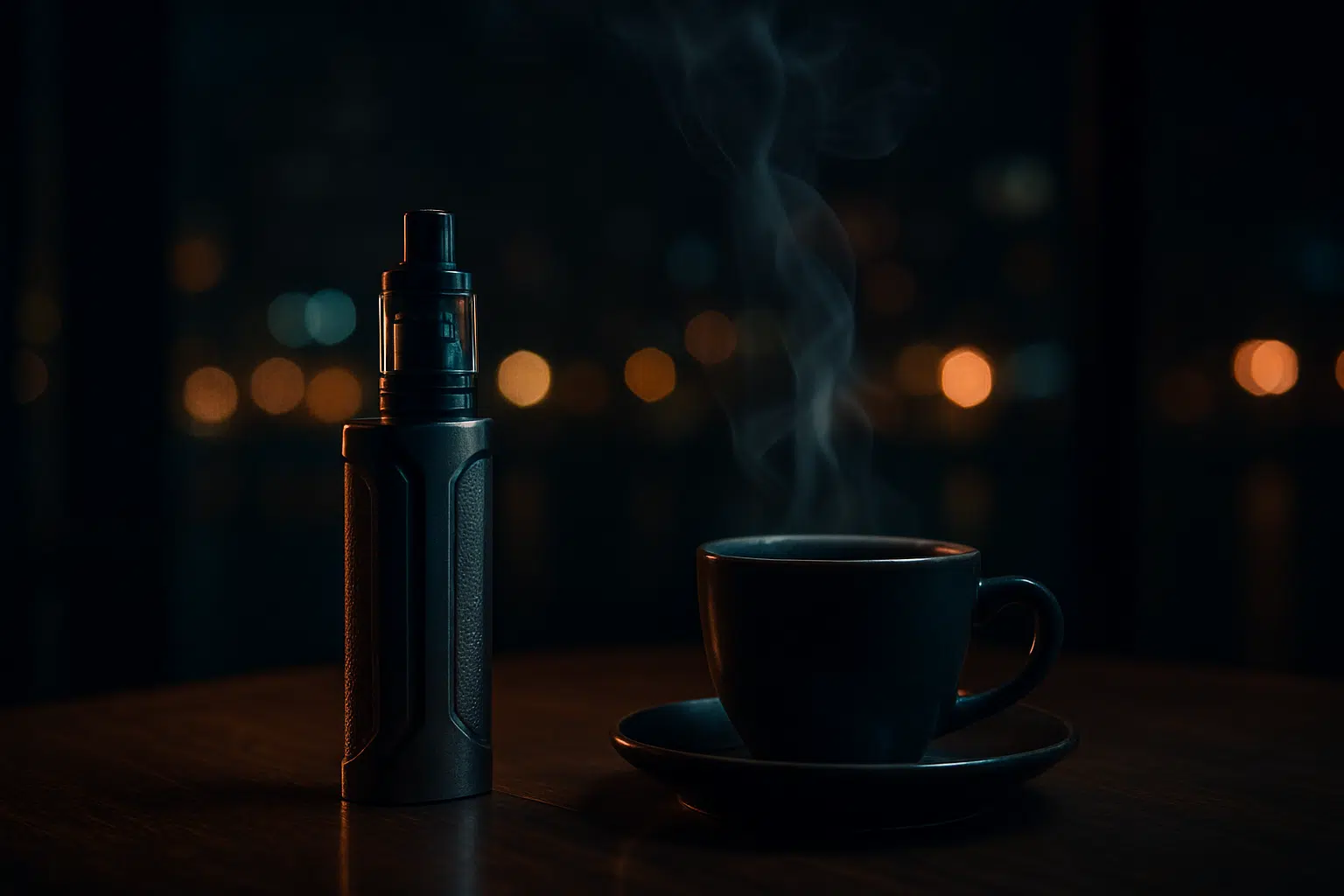 Vape device with arabic coffee on a wooden table at night, illustrating relaxed vape time in bahrain