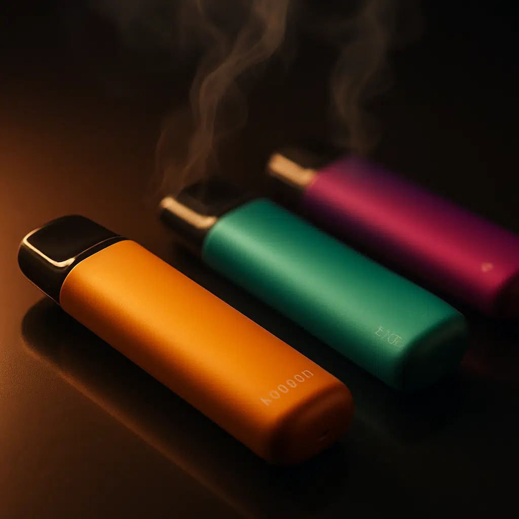 Elf bar disposable vapes in multiple vibrant color variants with vapor clouds