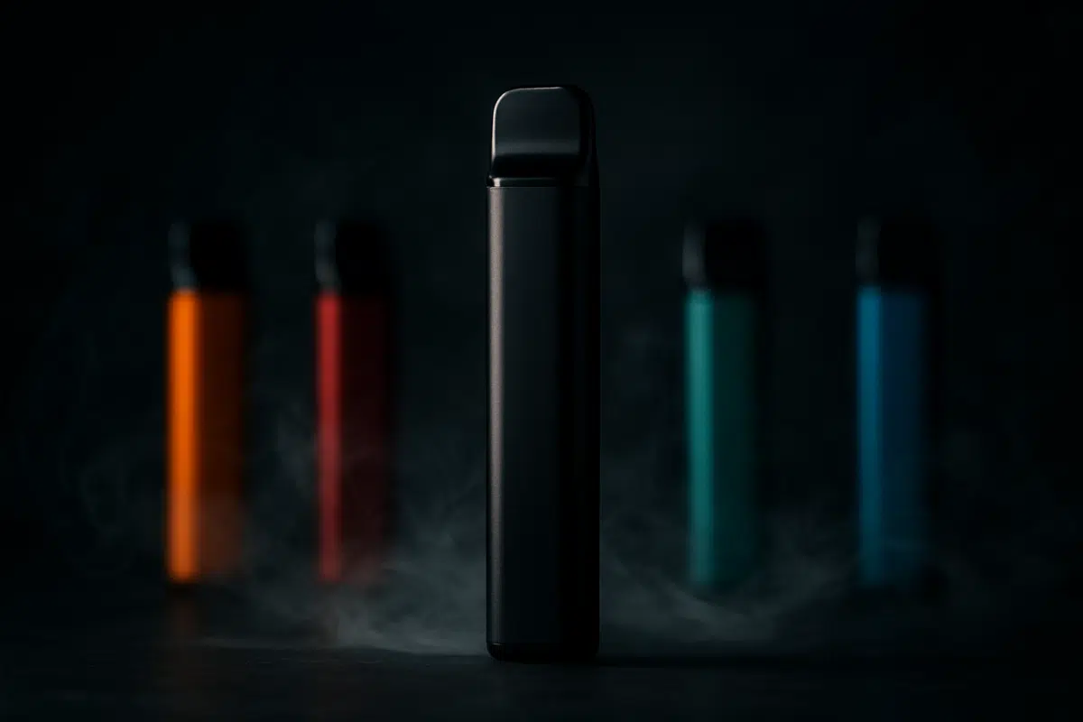 Elf Bar disposable vape devices with colorful flavors and vapor wisps in dramatic studio lighting