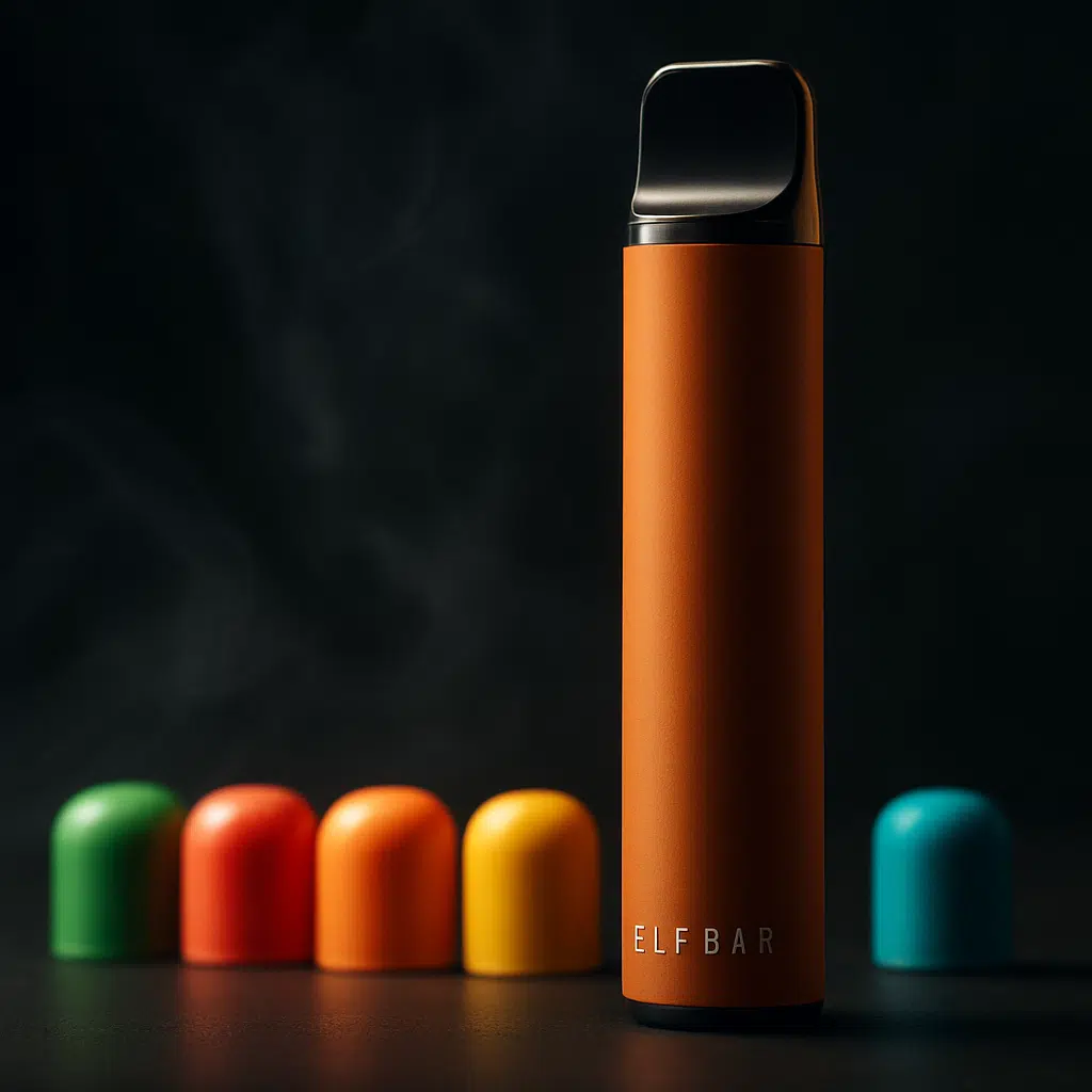Elf bar flavors and brand variety shown in a dark studio-style product image.