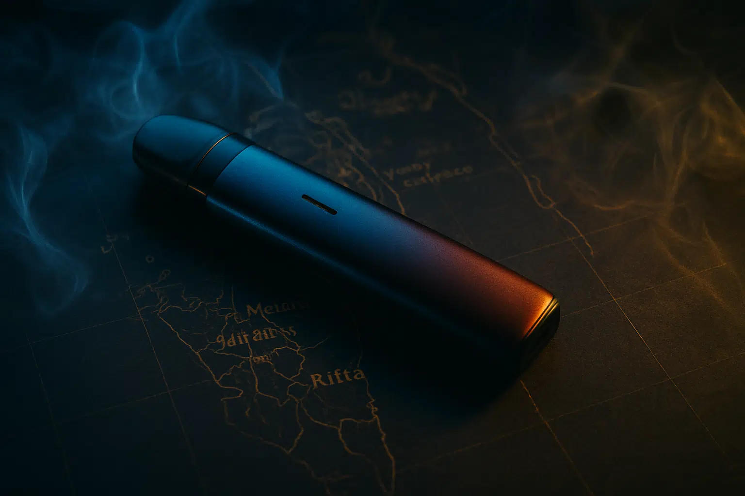 Hero image of vape pod kit over bahrain map showing fast delivery zones in manama, juffair, riffa, muharraq