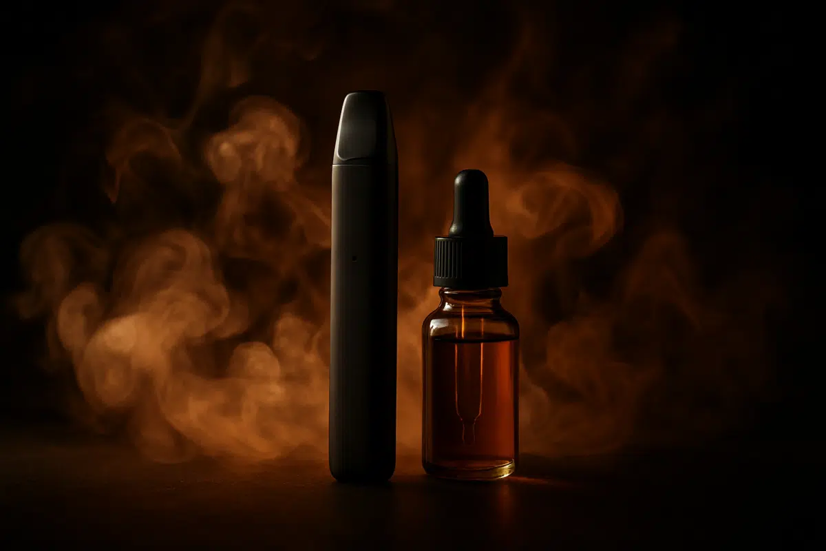 Tobacco-flavored vape pod and e-liquid with vapor wisps, Bahrain vape guide hero image