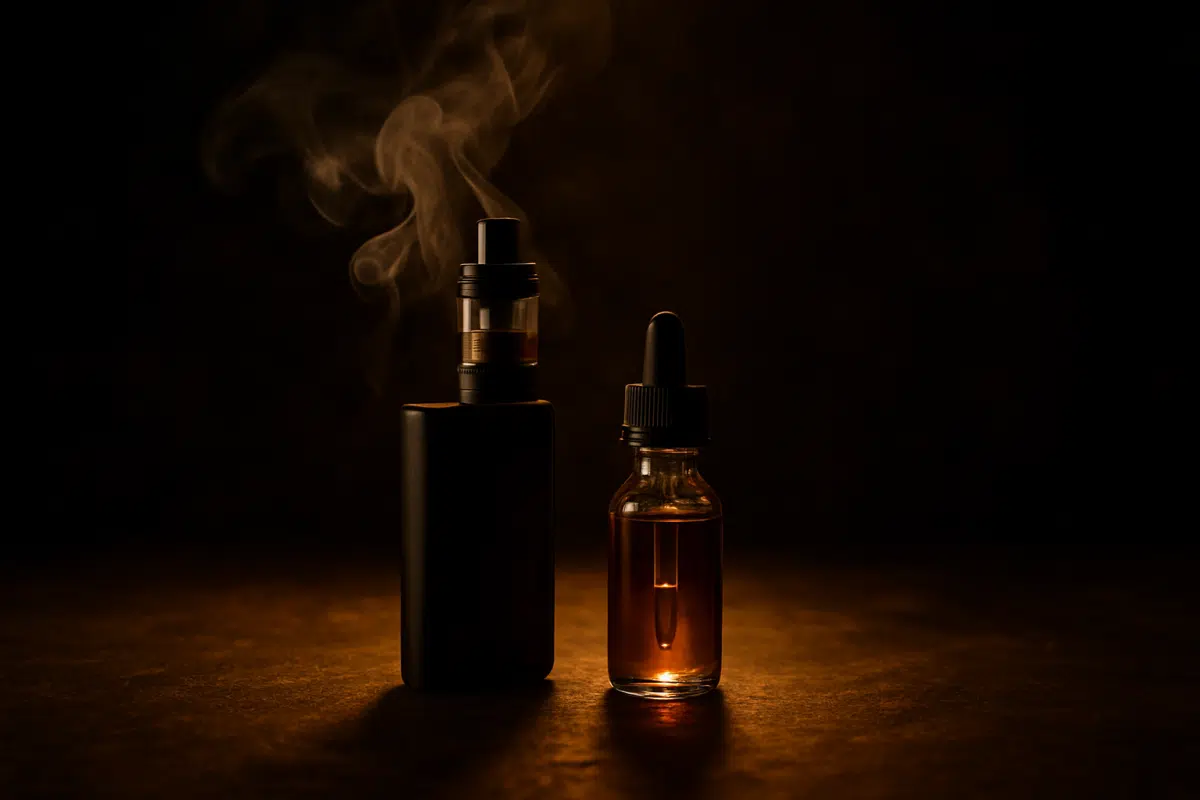 Hero image of vape ritual setup with device, e-liquid, and vapor wisps for Vape Time Guide.