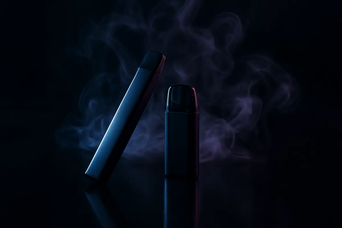 Vape products with vapor wisps in dramatic studio lighting for Seef District reviews