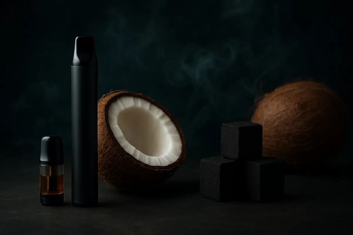 Coco vape explained with coconut vape flavour bottle and coconut shisha charcoal cubes