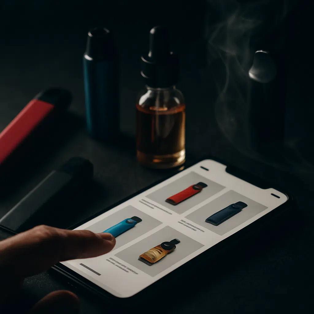 Inline image for محل فيب قريب مني في البحرين: online vape shopping on a smartphone with disposable vapes, pod systems, and e-liquids