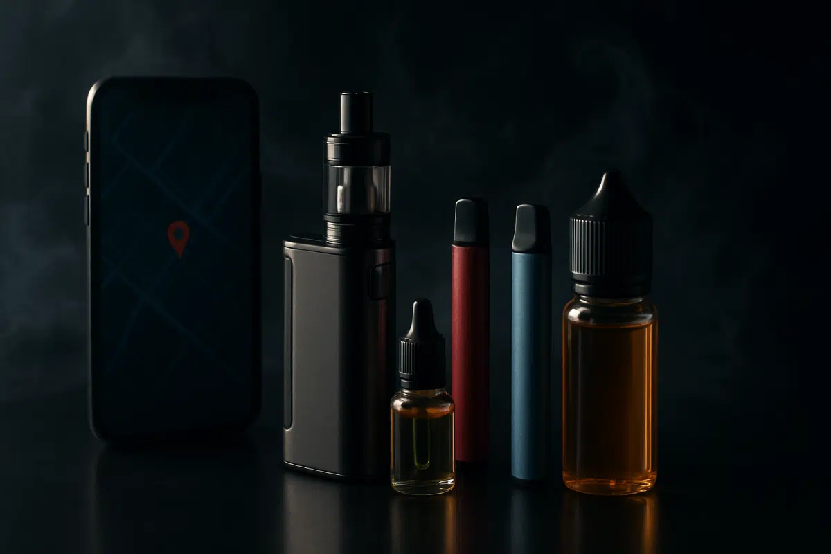Hero image for محل فيب قريب مني في البحرين: smartphone search for a vape shop with vape products and vapor in a dark studio scene