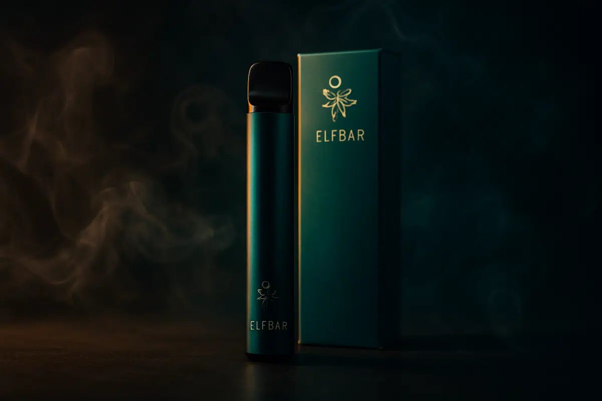 Elf Bar Bahrain guide hero image with a disposable vape device and packaging in a dark moody studio setting