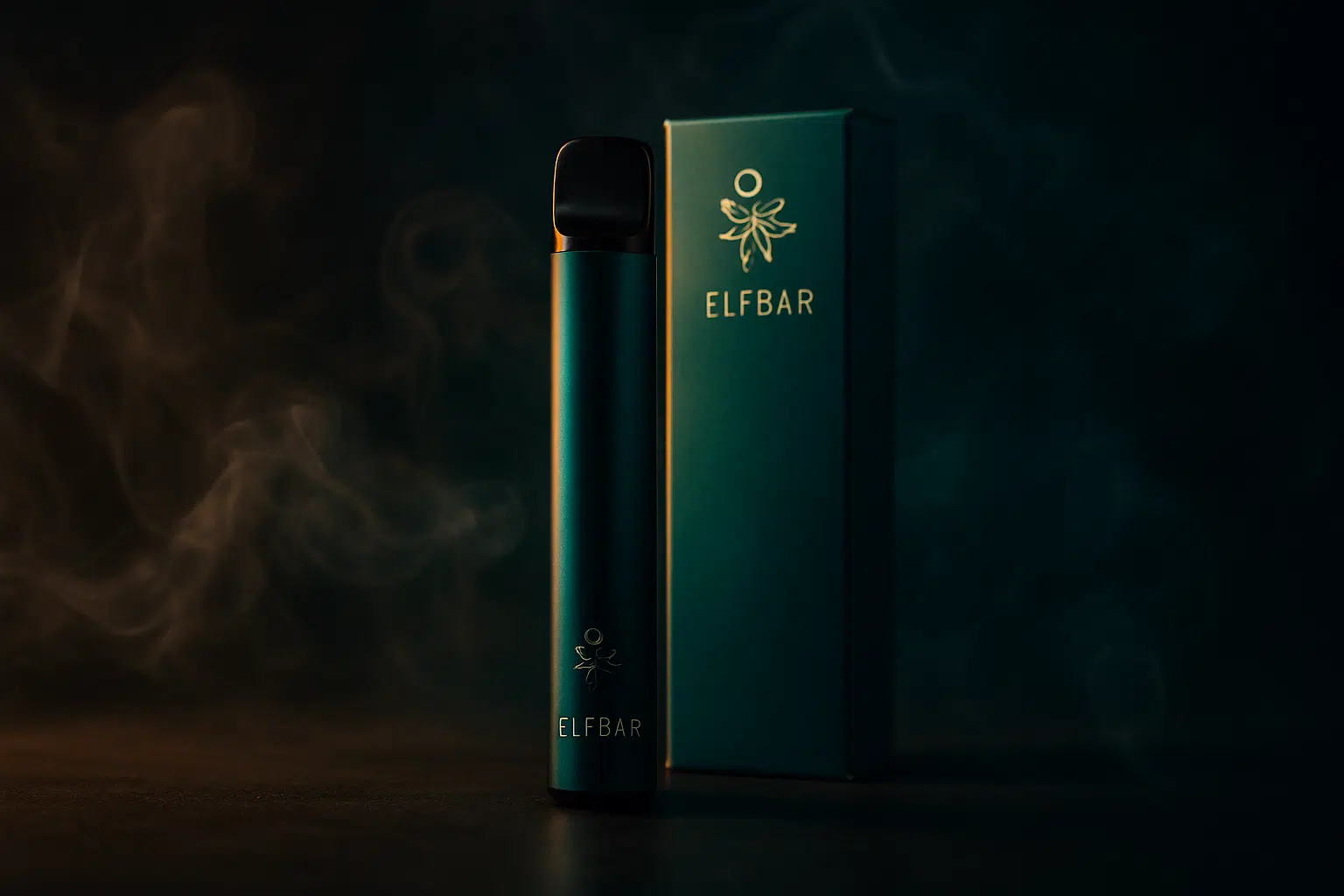 Elf bar bahrain guide hero image with a disposable vape device and packaging in a dark moody studio setting