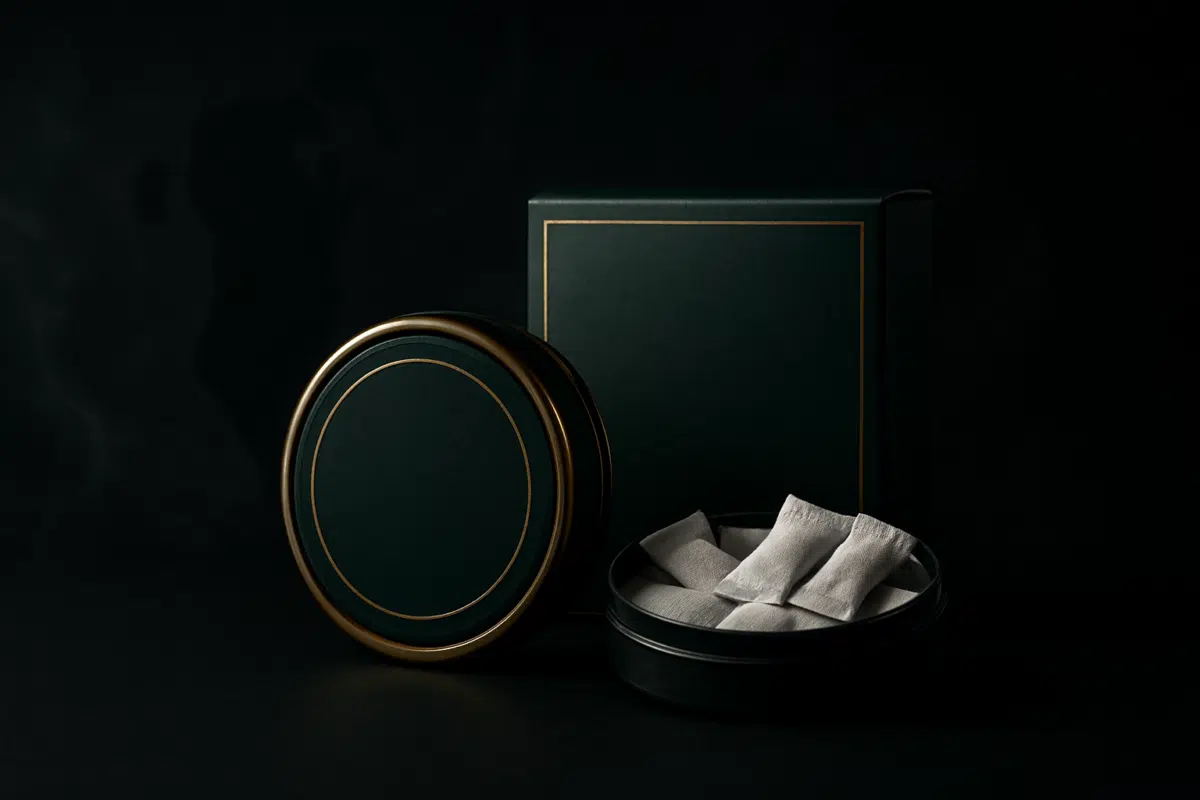 Snus in Bahrain hero image showing sealed snus and nicotine pouches in a dramatic studio setup