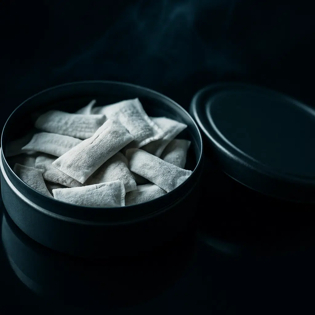 Snus In Bahrain: Legal Status, Health Facts &Amp; Alternatives 2 Close-up of an open unbranded snus-style nicotine pouch tin on a dark reflective surface, highlighting the pouches used in bahrain snus discussions