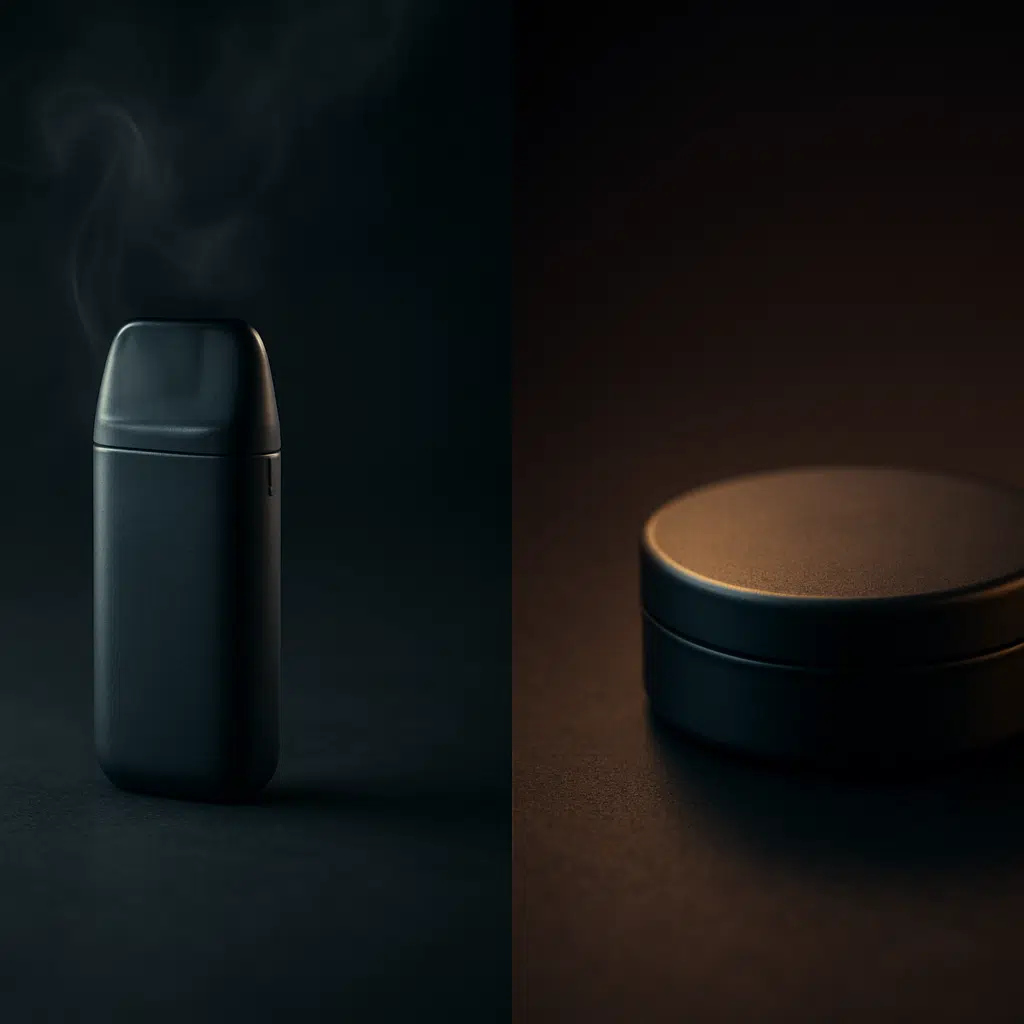 Snus In Bahrain: Legal Status, Health Facts &Amp; Alternatives 3 Inline comparison image showing a vape pod device next to a plain snus-style nicotine pouch can, illustrating smokeless snus alternatives to vaping in bahrain