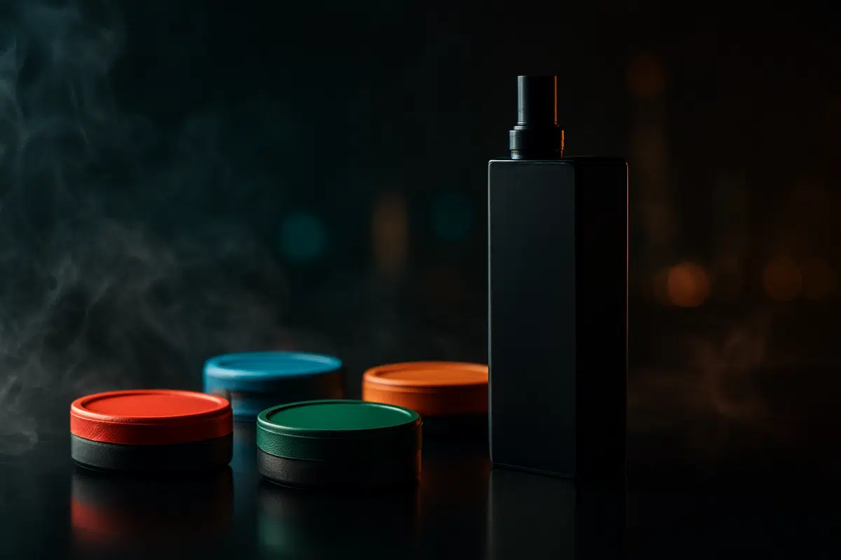 Wide dramatic image showing a vape device beside generic snus-style nicotine pouch cans with vapor swirling in a dark studio, representing snus in Bahrain and alternatives