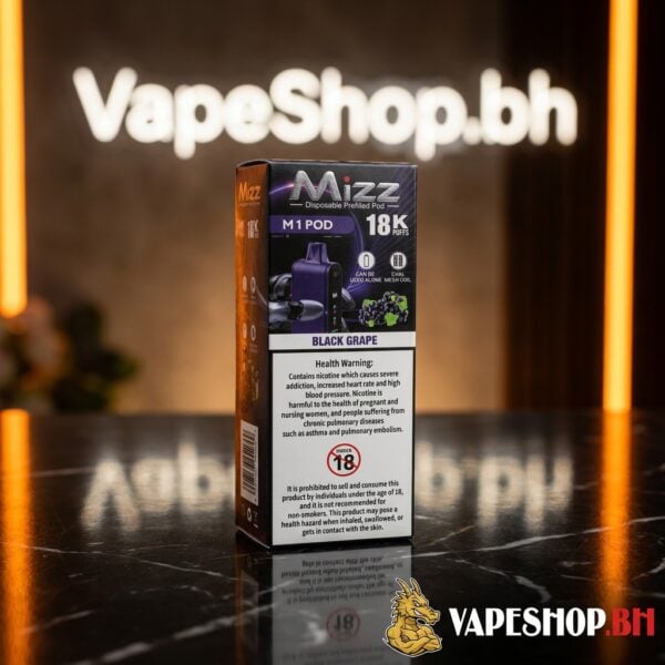 Mizz M1 Disposable Pod 18k disposable vape, dark slim body with flavor label
