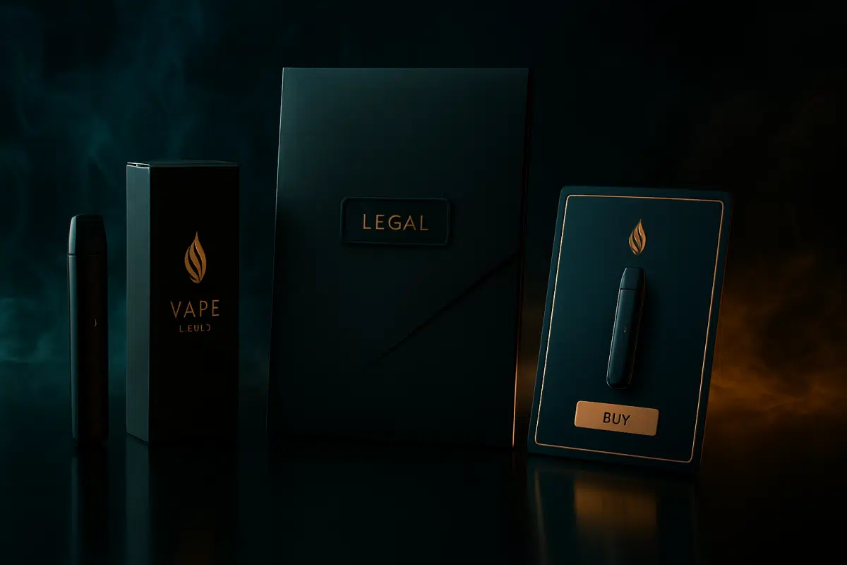 Hero image for فيب مور باي لس showing a premium vape brand identity with legal paperwork and a storefront-style product display.