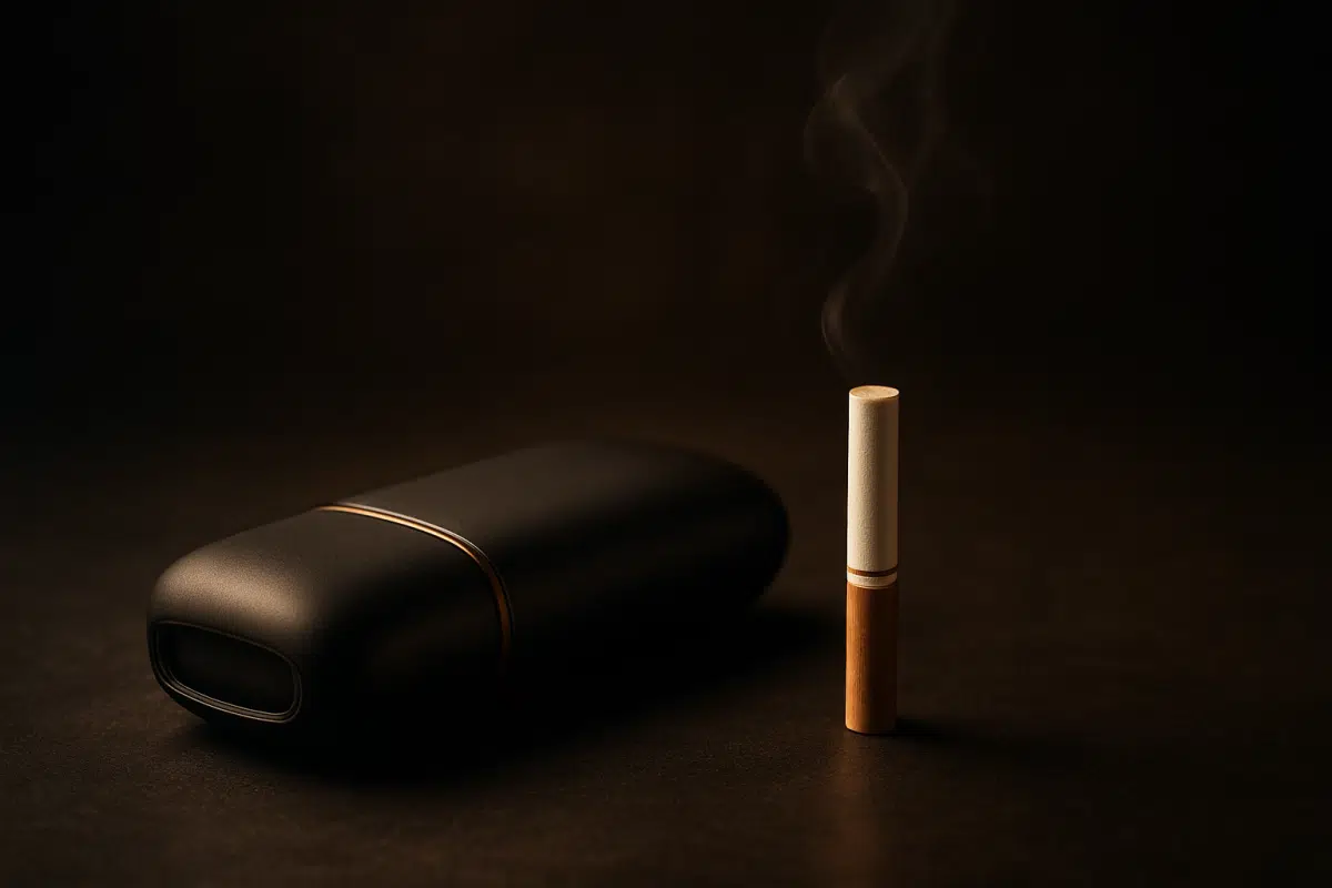 IQOS cigarette heated tobacco device with compact tobacco stick in dramatic studio lighting